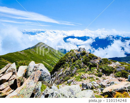 夏の常念岳登山(常念岳山頂から前常念岳方面の眺め) 夏の常念岳登山(常念岳山頂から前常念岳方面の眺め) 110154248
