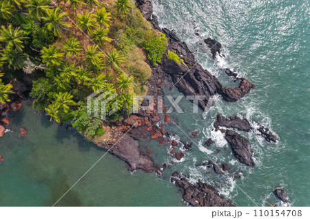 Aerial top view on tropical beach with green palm trees under sunlight Drone view in Goa Aerial top view on tropical beach with green palm trees under sunlight Drone view in Goa 110154708