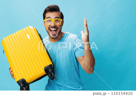 Man flight vacation trip background travel traveler journey studio baggage happy suitcase Man flight vacation trip background travel traveler journey studio baggage happy suitcase 110154910