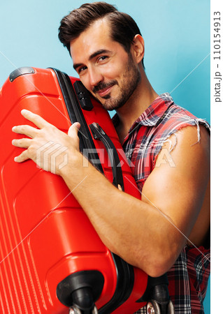 Man vacation background traveler studio journey flight suitcase baggage happy travel trip 110154913