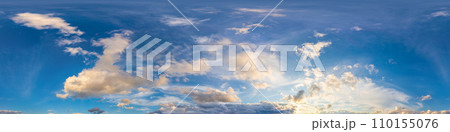 Sunset sky panorama with bright glowing pink Cumulus clouds. HDR 360 seamless spherical panorama. Full zenith or sky dome for 3D visualization, sky replacement for aerial drone panoramas. 110155076