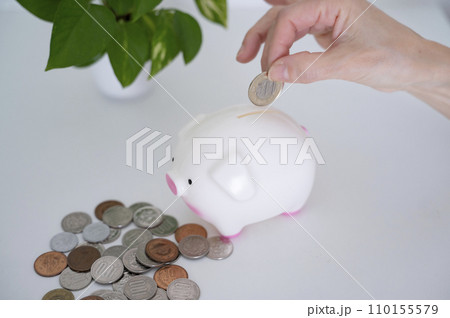 豚の貯金箱に硬貨を入れる女性の手 110155579