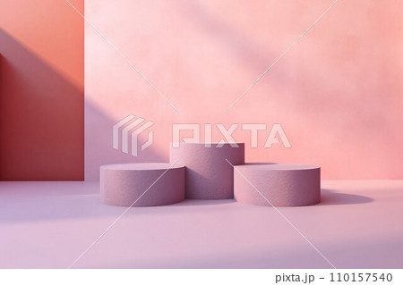 ピンクと赤の背景と三つの薄紫の丸い展示台がある抽象バナー。AI生成画像 110157540