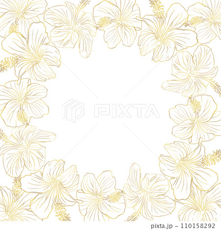 ibiscus gold foil flower square banner. Can be used for wedding invitations, greeting cards, scrapbook, print, gift wrap, manufacturing Hand drawn line art vector background 110158292