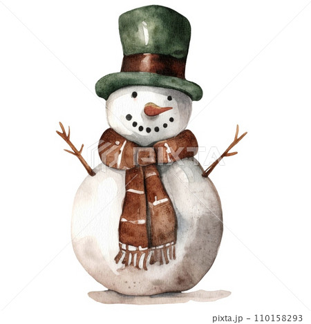 Happy cute snow man in green cylinder hat and brown scarf 110158293