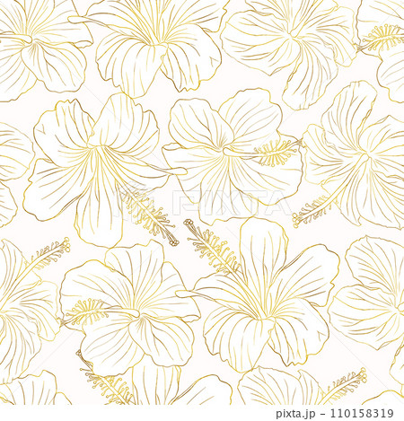Hibiscus gold foil line art tropic flower seamless pattern. Can be used for textile, fabric, invitations, cards, scrapbook, print, wrap, wallpaper. Floral hand drawn vector background 110158319