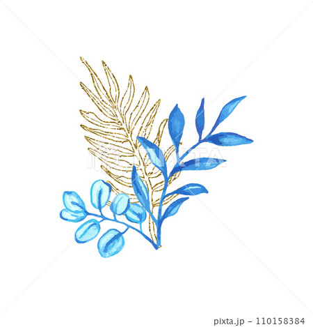 Botany bouquet with glitter line art and watercolor leaves for design of card or invitations. Vector floral illustration, isolate on white background 110158384