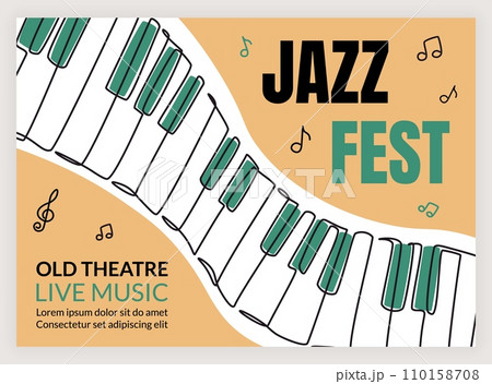 Jazz band fest poster. Live music concert. Musical festival. Synthesizer keyboard and notes. Theatre performance flyer. Musicians orchestra. Party invitation. Line drawing. Vector retro design banner 110158708