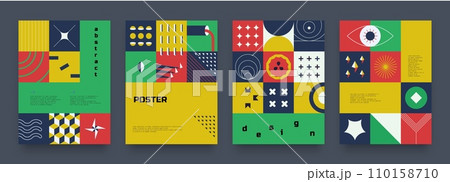 Geometric posters. Abstract color cards. Minimal figures collage. Bright squares. Line or silhouette forms. Bauhaus simple shapes. Modern composition. Geometry flat elements. Vector banners design set 110158710