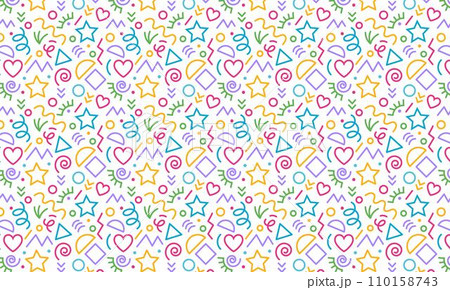 Color kids seamless pattern. Abstract fun line drawing. Childish party graphic. Cute squiggle icons. Cute doodle shapes. Scribble elements. Birthday celebrate. Repeated print. Vector tidy background Color kids seamless pattern. Abstract fun line drawing. Childish party graphic. Cute squiggle icons. Cute doodle shapes. Scribble elements. Birthday celebrate. Repeated print. Vector tidy background 110158743