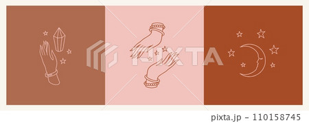 Moon logo. Bohemian cards. Space crescent and stars. Magic crystal for Boho astrology. Hand line icons. Woman arms. Minimal drawing symbols. Witchcraft and alchemy. Abstract design banners vector set 110158745