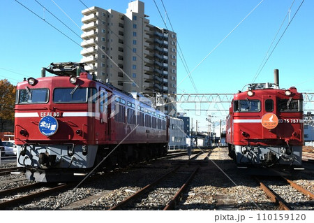 車両基地で並ぶEF81形電気機関車(北斗星掲出)とED75形電気機関車(ゆうづる掲出) 車両基地で並ぶEF81形電気機関車(北斗星掲出)とED75形電気機関車(ゆうづる掲出) 110159120