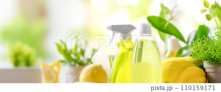AI-generated content.  Eco-friendly cleaning supplies with fresh green plants on a bright background 110159171