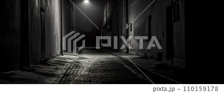 AI-generated content.  A lit alleyway at night with wet cobblestones 110159178
