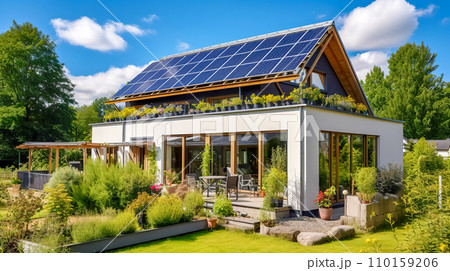 AI-generated content. eco-friendly house equipped with solar panels on the roof, surrounded by lush greenery and a well-maintained garden, reflecting sustainable living and renewable energy use in 110159206