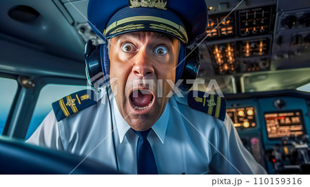 AI-generated content.  A pilot in uniform appears shocked in the cockpit, eyes wide, mouth open 110159316
