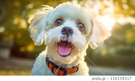 AI-generated content.  A cheerful white fluffy dog with a beaming smile and bright, shining eyes, exuding happiness and excitement, wearing an orange collar, with a sunlit natural backdrop 110159317