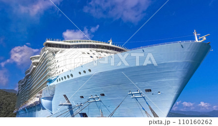 The abstract view of a large cruise ship docked near Labadee, Haiti and blue sky 110160262