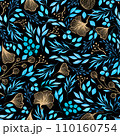 Festive Blue and Gold Glitter Elegant Watercolor Florals Seamless Pattern 110160754