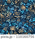 Festive Blue and Gold Glitter Elegant Watercolor Florals Seamless Pattern 110160756