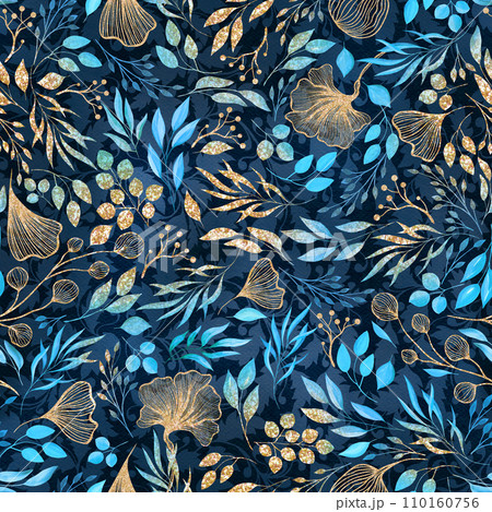 Festive Blue and Gold Glitter Elegant Watercolor Florals Seamless Pattern 110160756