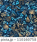 Festive Blue and Gold Glitter Elegant Watercolor Florals Seamless Pattern 110160758