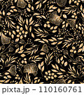 Festive Black and Gold Glitter Elegant Watercolor Florals Seamless Pattern 110160761