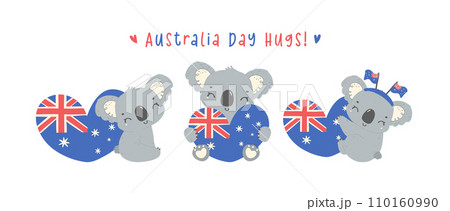 Australia day koalas with heart flag in heart shape, group of baby animal celebrate Australian Nation day cartoon hand drawing. banner 110160990
