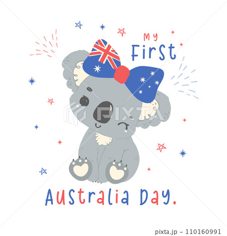 First Australia day baby koala with flag in adorable pose animal celebrate Australian Nation day cartoon hand drawing. 110160991