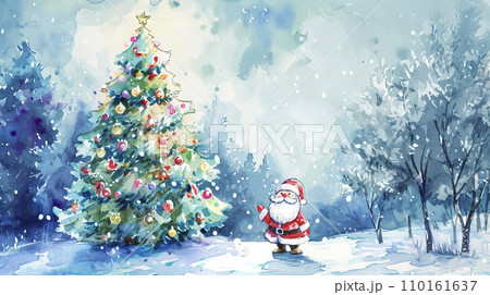 雪降る森の中のクリスマスツリーとサンタの水彩　AI画像 110161637