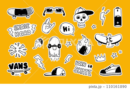 Skateboard stickers. Cool skate graffiti. Graphic street art. Skull on skater sport board. T-shirt print badge. Trendy sneakers. Skatepark symbols. Vector skateboarding retro labels set 110161890