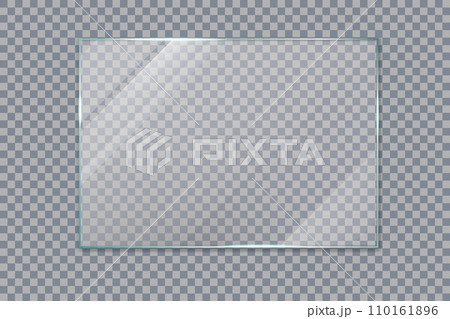 Glass window. Transparent screen effect. Shine glossy plastic glare frame. 3D mirror. Clear rectangular plate with gloss. Acrylic showcase. Plexiglas texture. Vector isolated background 110161896