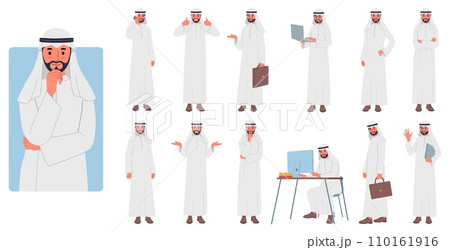 Saudi man. Arab business character, Arabian businessman from uae, arabia, working and standing Muslim male. Hold laptop and briefcase. Sitting at desk and works on computer. Vector flat set Saudi man. Arab business character, Arabian businessman from uae, arabia, working and standing Muslim male. Hold laptop and briefcase. Sitting at desk and works on computer. Vector flat set 110161916