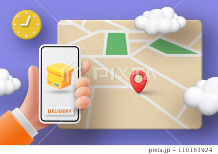 3D map. Car delivery. Phone application. Food order. Truck shipping. Smartphone in hand. Search route. Express shipment. GPS navigation. Location render pin. Vector cartoon illustration 3D map. Car delivery. Phone application. Food order. Truck shipping. Smartphone in hand. Search route. Express shipment. GPS navigation. Location render pin. Vector cartoon illustration 110161924