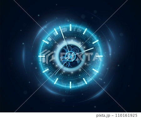 Time machine. Neon clock. Watch dial. Abstract future timepiece face with modern glow. Old chronometer. Blue light. Timer countdown. Cyber technology. Shiny clockwork. Vector background 110161925