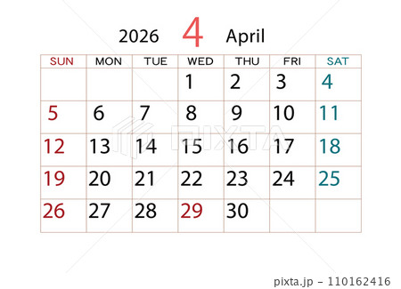 2026年カレンダー4月 2026年カレンダー4月 110162416