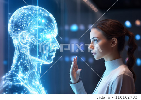 女性は二次元化されたホログラムのAi人工知能と対話する。近未来のAIロボットと人間関係。AI画像生成 110162783