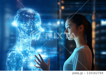 女性は二次元化されたホログラムのAi人工知能と対話する。近未来のAIロボットと人間関係。AI画像生成 110162784