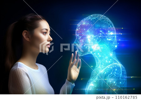 女性は二次元化されたホログラムのAi人工知能と対話する。近未来のAIロボットと人間関係。AI画像生成 女性は二次元化されたホログラムのAi人工知能と対話する。近未来のAIロボットと人間関係。AI画像生成 110162785
