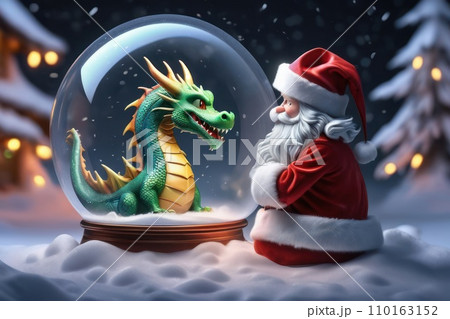 AI-generated content. Snow globe with a dragon in Santa hat inside. Concept of symbol 2024 year 110163152