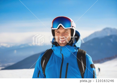 AI-generated content. Portrait of a male skier on the mountain in sunny day. Generative AI 110163246