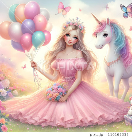 Cute fairy tale princess with unicorn and balloons in the meadow. AI  110163355