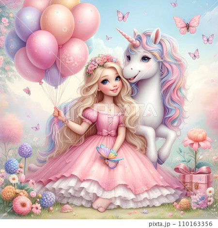 Cute fairy tale princess with unicorn and balloons in the meadow. AI  110163356