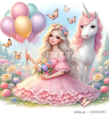 Cute fairy tale princess with unicorn and balloons in the meadow. AI  110163357