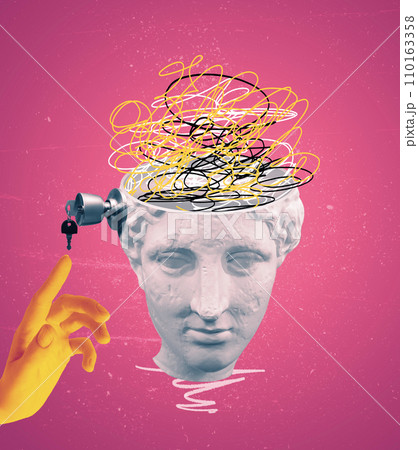 Abstract human brain and human hands, drawn style. Creative idea symbol, art design or collage isolated on pink background. Mental Health concept 110163358