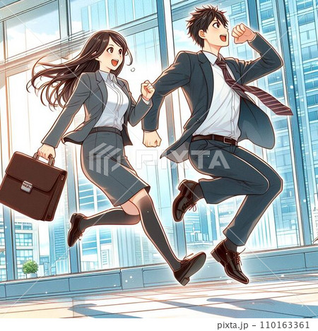 明るく走る男女のサラリーマンのイラスト 110163361