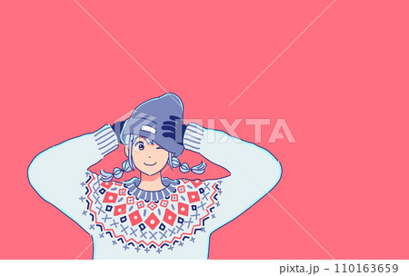 レトロなセーターを着るアニメ風の女の子 110163659