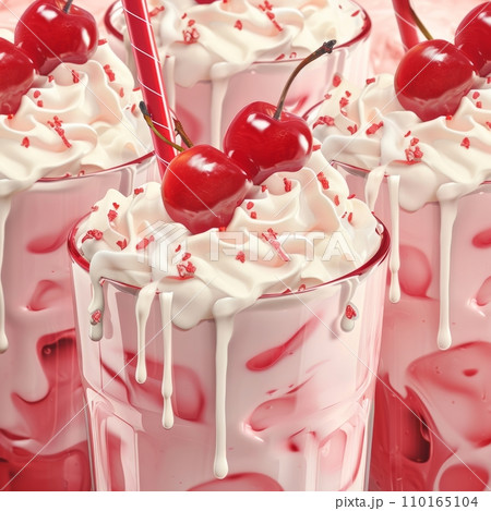 AI-generated content. Close-up of cherry milkshakes in elegant glasses decorated with whipped cream, cocktail tubes and fresh cherries. AI-generated content. Close-up of cherry milkshakes in elegant glasses decorated with whipped cream, cocktail tubes and fresh cherries. 110165104