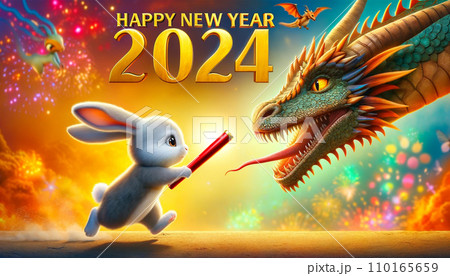 イラスト素材: 2024年（令和6年）　年賀状　うさぎが龍にバトンを渡すイラスト「AI生成画像」 110165659