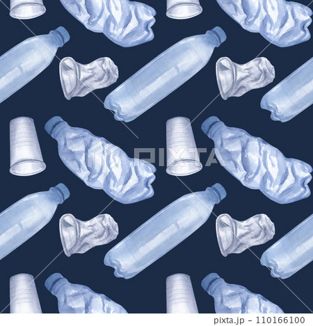 Seamless pattern plastic trash. Disposable blue transparent bottles and cups. Hand-drawn watercolor illustration dark background. Ecology posters, enviroment protection, Earth day, save the ocean 110166100